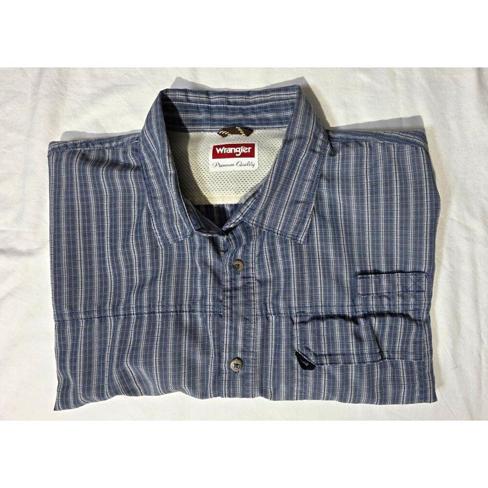 Wrangler Mens XL Blue Striped Woven Short Sleeve Button-Up Shirt Pockets